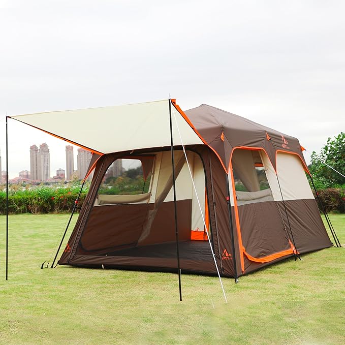 KTT Extra Large Tent 10-12-14 Person(A),Family Cabin Tents,2 Rooms,3 Doors and 3 Windows with Mesh,Straight Wall,Waterproof,Double Layer,Big Tent for Outdoor,Picnic,Camping,Family Gathering