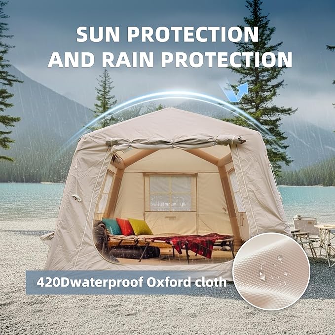 KEIKI Oxford Hot Tent for Camping, 2/3/4/6/8 Person Large Inflatable Tents w/Detachable Canopy, 4 Season Waterproof Tent for Hike Backpacking, Stove Jack AC Port, Mesh Doors Windows, Pump, Easy Setup