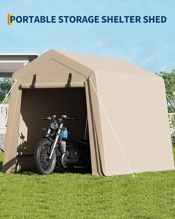6x6FT Carport, Heavy Duty Motorcycle Shed with Waterproof PE Tarp, Portable Outdoor Storage Shed for Bikes and Firewood, All-Weather Car Shelter with Roll-Up Zipper Door, 6x6FT, Gray