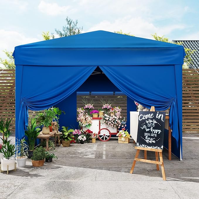 10x10FT Pop Up Canopy with Sidewalls, Outdoor Canopy Tent with SandBag & Carry Bag for Commercial Events, Camping, Backyard Parties, Blue