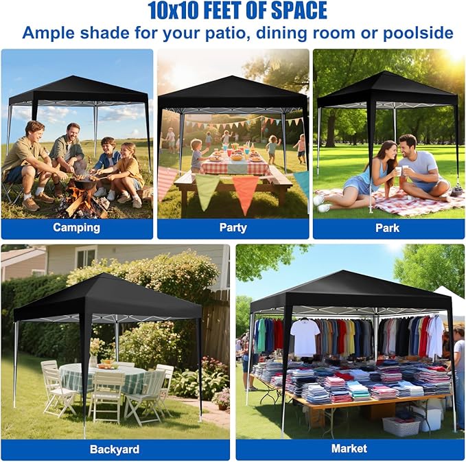 Yesker 10x10 Pop Up Canopy Tent UPF 50+ Waterproof Outdoor Canopy Portable Folding Easy Setup Gazebo Adjustable Height Instant Sun Shade Tent with Wheeled Bag for Events Parties Camping Patio, Black