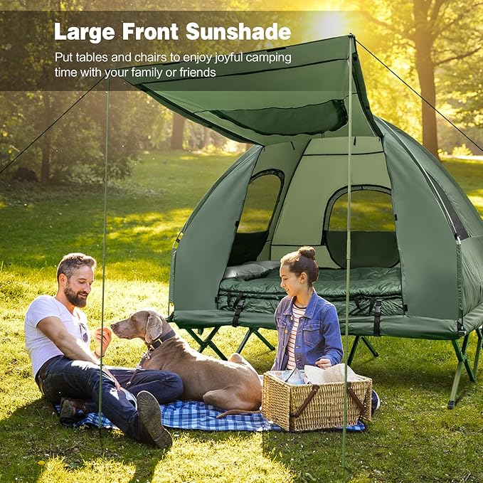 Goplus Camping Tent Cot, 5-in-1 Folding Camping Bed with Awning, Air Mattress, Sleeping Bag, Bedspread, Off Ground Elevated 1-2 Person Cot Tent with Carrying Bag, Air Pump for Camping Picnic Outdoor