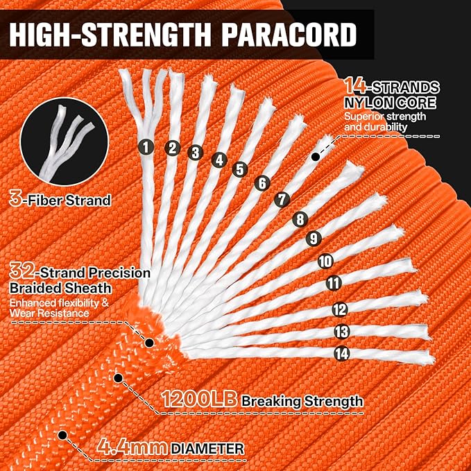 1200 Paracord Rope - 4.4mm 14 Strand Nylon Parachute Spool para Cord Lanyard for Outdoor Camping Survival Utility Tent Crafting DIY Projects Fishing Clothsline Bracelet - Orange 300FT