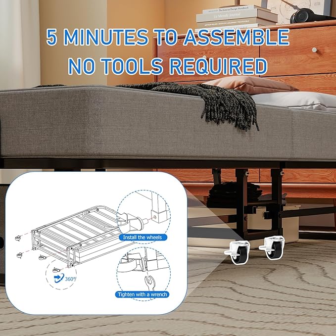 Folding Bed with Mattress, Portable Foldable Bed on Wheels for Adults, Memory Foam Mattress and Metal Frame, Space Saving Roll Away Beds for Easy Storage