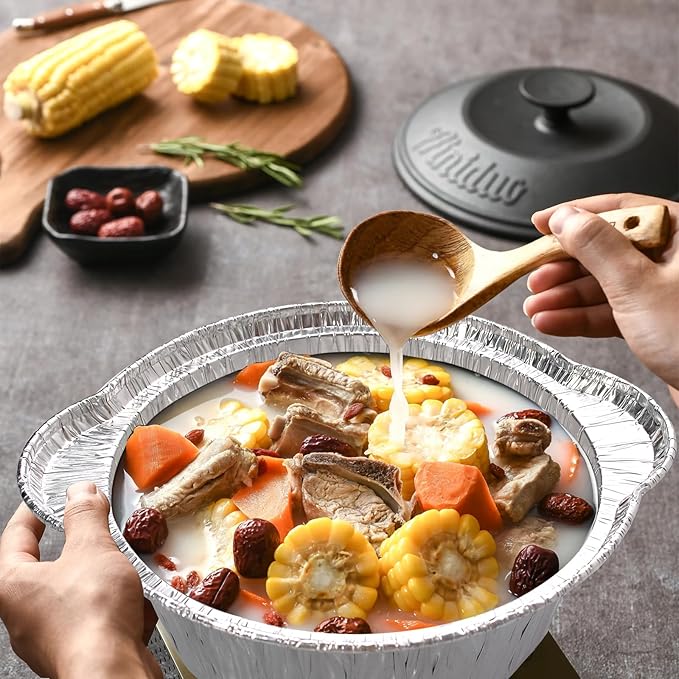 28 Pcs Disposable Aluminum Pot with Lid Round Foil Pans for Cooking, Baking, and Heating Food Container for Vacation, Camping, and Party Supplies (33.8 oz)