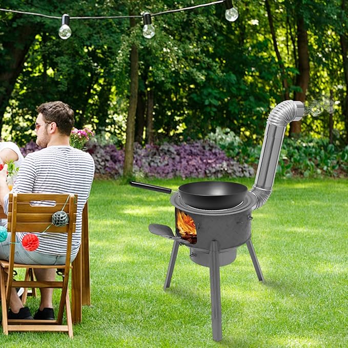Wood Burning Stove with Grill Rack, Portable Camping Rocket Stove Chimney Charcoal Grill & Wok Rings, for Outdoor Backyard Cooking, Picnic and Barbecue (Silver+Black, 16.9 in)