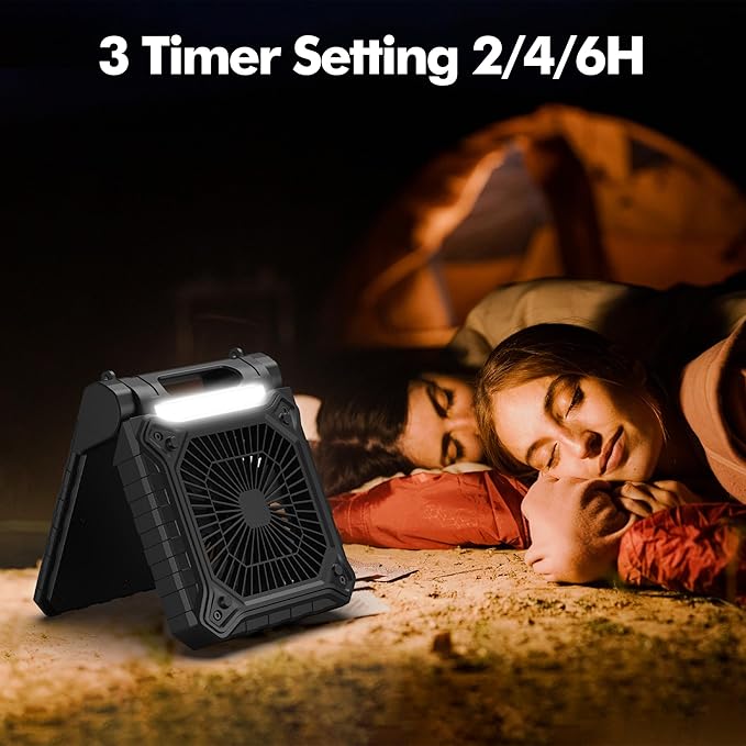 Solar Fan with LED Lantern - Battery Powered with Solar Panel, 90° Adjust, 3 Speed & Timer, 40Hrs Cooling, Rechargeable Battery Operated, Solar Powered for Camping Outdoor Fishing Travel RV Hurricane
