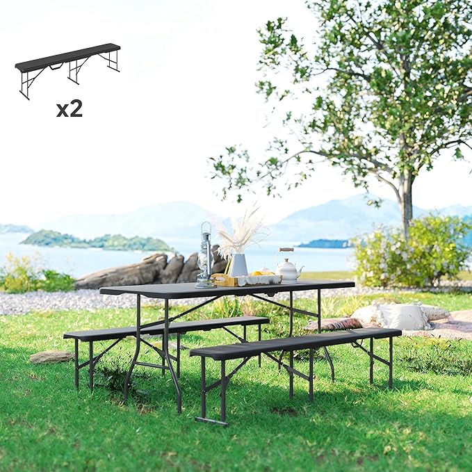 Outsunny 2-Pack 6 Ft. Plastic Folding Benches, Portable Foldable Bench Seats with Carrying Handle, Non-Slip Mat, HDPE Tabletop, Picnic Benches for Camping Dining Picnic BBQ Sports, Black