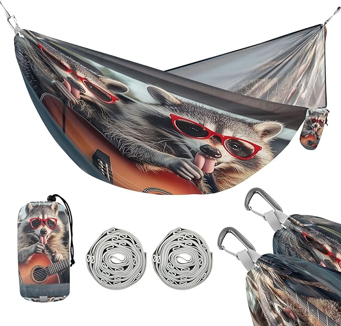 Cute Raccoons with Glasses Camping Hammock Single Portable Hammocks 330 lbs Capacity with 2 Tree Straps and Attached Carry Bag,Perfect for Outdoor,Indoor,Beach,Camping,Travel