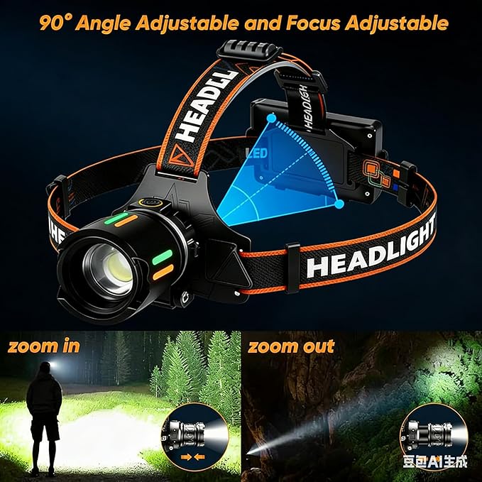 LED Rechargeable Headlamp, 90,000 Lumens Super Bright with 4 Modes & IPX6 Level Waterproof USB Rechargeable Zoom Headlamp, 90° Adjustable Outdoor Camping, Cycling, Climbing, Home