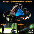 LED Rechargeable Headlamp, 90,000 Lumens Super Bright with 4 Modes & IPX6 Level Waterproof USB Rechargeable Zoom Headlamp, 90° Adjustable Outdoor Camping, Cycling, Climbing, Home