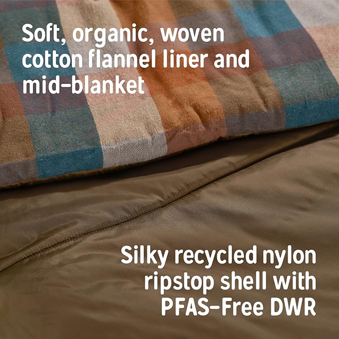 Kelty Wayback Flannel Lined Sleeping Bag, Built in Blanket, Traditional Rectangle Shape, Organic Flannel Cotton Liner, Dual Locking Slide Zips