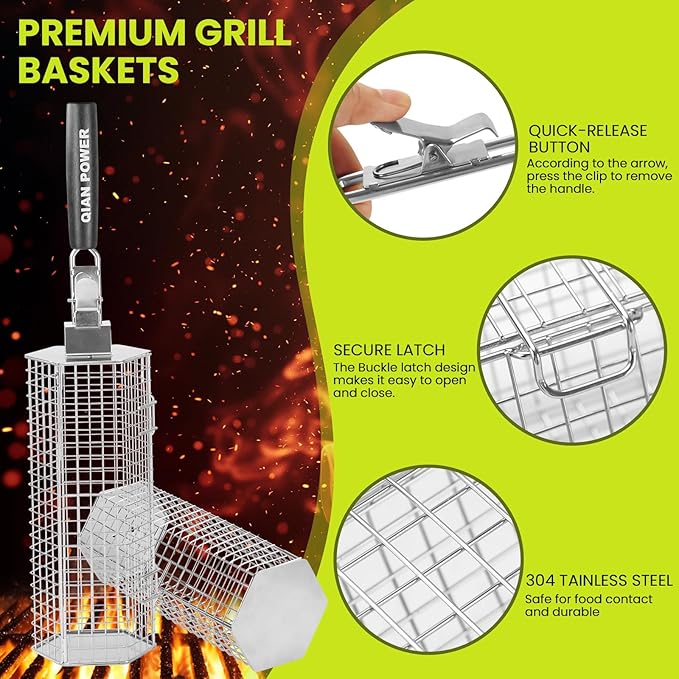 Grill Baskets 2PCS 304 Stainless Steel with Removable Wooden Handle Hexagon Design for BBQ Camping & Outdoor Cooking Accessories, Great Gift for Grill Lovers