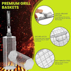 Grill Baskets 2PCS 304 Stainless Steel with Removable Wooden Handle Hexagon Design for BBQ Camping & Outdoor Cooking Accessories, Great Gift for Grill Lovers