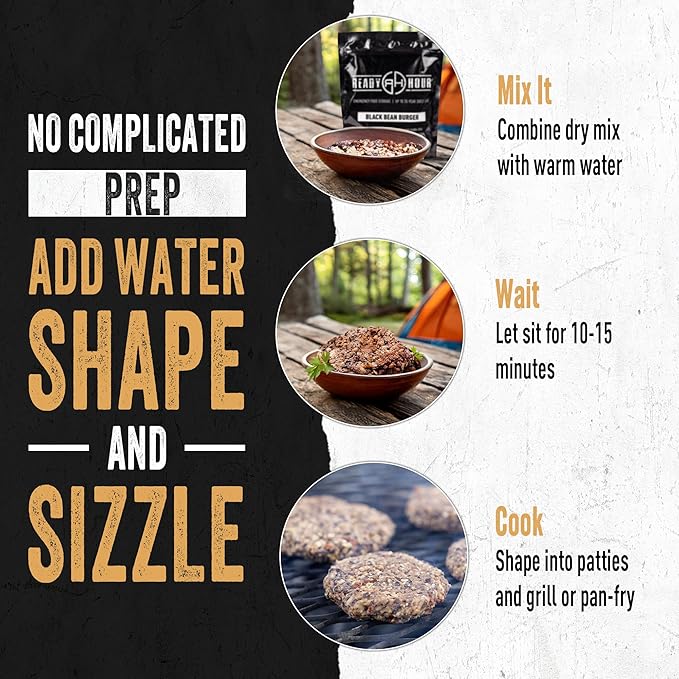 Ready Hour Black Bean Burger Mix Case Pack – 36 Servings (6 Pouches) – Emergency Vegetarian Food, Long Term Storage, Shelf-Stable Veggie Burger, Survival Food Mix