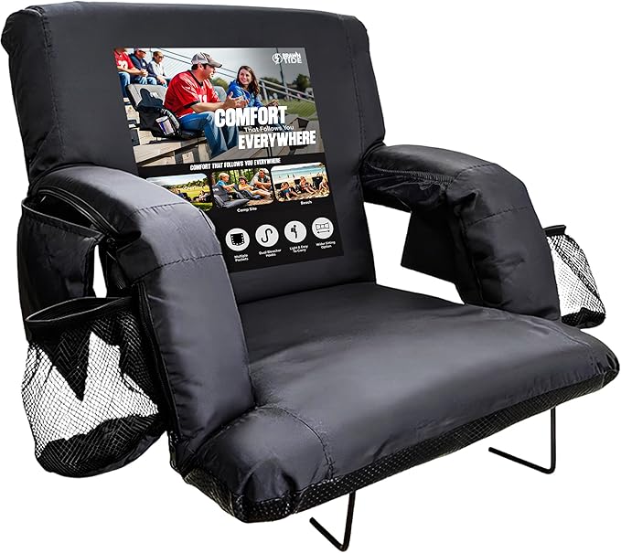 BRAWNTIDE Stadium Seat for Bleachers with Back Support - Wide Padded Reclining Bleacher Seat, Portable Folding Stadium Chair with Armrests, Hooks, Straps, Cup Holders & Pockets for Games & Concerts