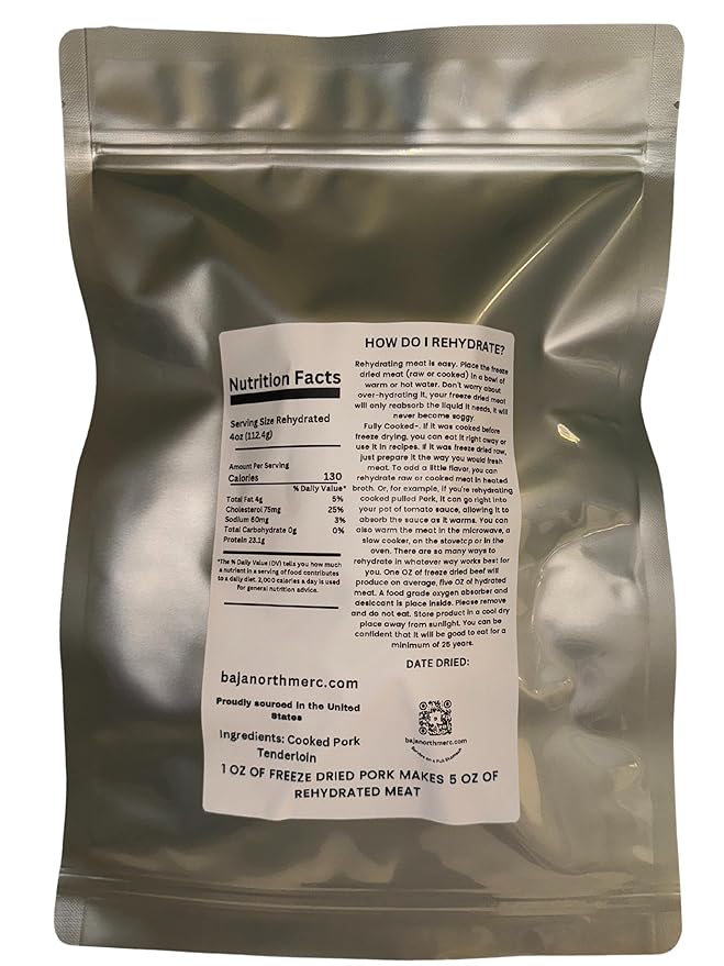 Cooked Freeze-Dried Pulled Pork Tenderloin | 6oz makes 1.8 lbs Rehydrated | Designed for Backpackers, Campers, Survivalist, Hunters and Emergency Preparedness | Made in USA to Include Food Certified Packaging