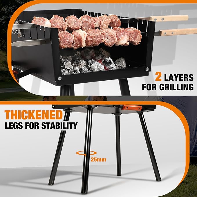 Lineslife Portable Charcoal Grill, Foldable Heavy Duty Metal Mangal BBQ Kabob Grill for Outdoor Backyard Camping Picnic Travel Cooking Hiking