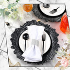 Rtteri 50 Pcs 13 Inch Charger Plates Bulk, Plastic Charger Plates with Floral Reef Design, Round Ruffled Rim Decorative Dinner Tableware for Wedding, Party, Event Table Decor(Black)