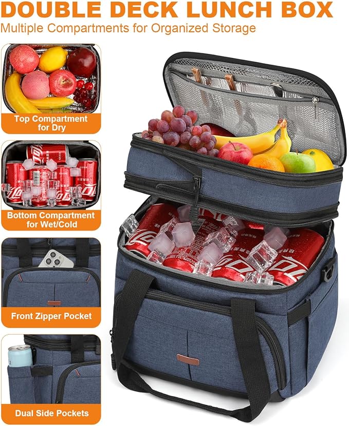 Lunch Box For Men Women Double Deck Insulated Lunch Bag For Men Woman Leakproof Expandable Cooler Bag with Adjustable Shoulder Strap for Work Picnic School(Blue,Medium)