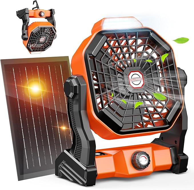 Drchop 30000mAh Solar Camping Fan, 10W Solar Powered Fans with Solar Panel, Rechargeable Fan & Led Lantern, Battery Operated Powered Outdoor Tent Fans for Camping Summer Essentials (Orange)