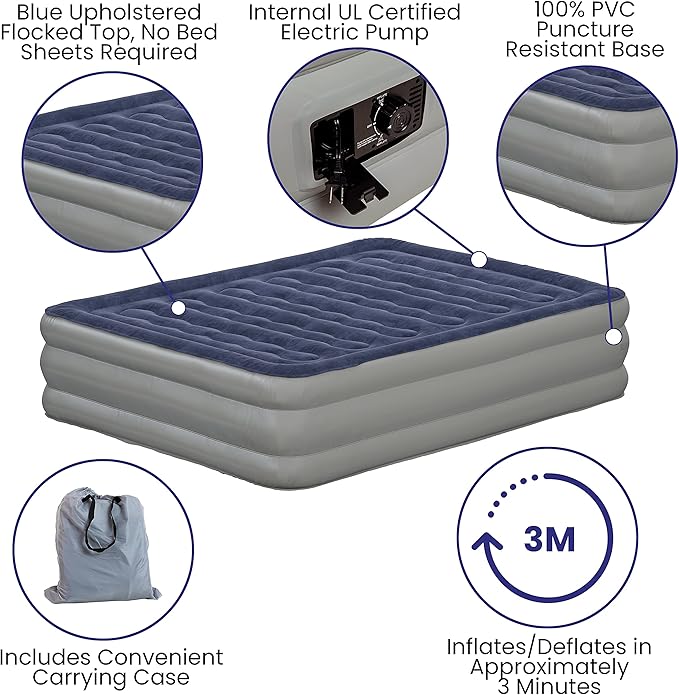 EMMA + OLIVER Inflatable Air Mattress - Queen Mattress, Flocked Top, Puncture Resistant, 18'' Thick, 650LB Capacity, Ideal for Camping, Guest Room, RV Travel, Plug-in Pump & Carrying Case Included