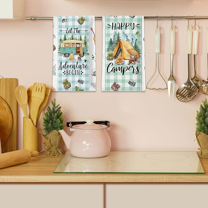 Camping Gifts for Women, Happy Camper Kitchen Towels, Funny Sayings Dish Towels Set of 2 for Camping Lovers, Farmhouse Camping Tent RV Hand Tea Towels for Housewarming Birthday Christmas, 18x26 Inches