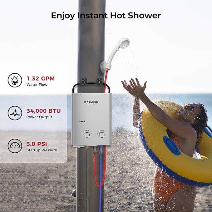 CAMPLUX 1.32 GPM Tankless Water Heater Portable, 5L Outdoor Propane Water Heater for Camping Trip with Overheating Protection, AY132G, Gray