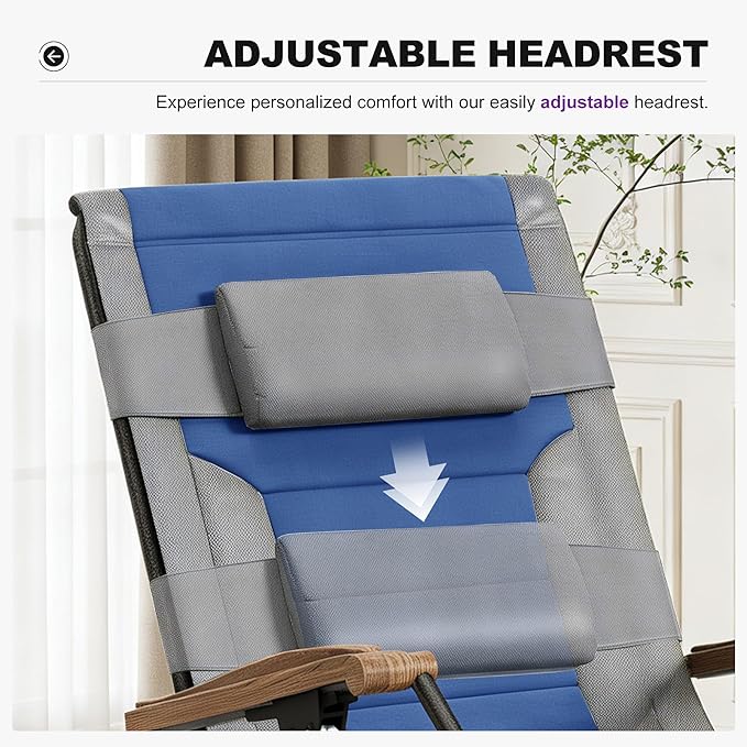 PURPLE LEAF Oversized Outdoor Reclining Chair Patio Zero Gravity Chaise Lounge Folding Chair with Quilted Cushion Adjustable Headrest for Lawn Camping Beach Pool Grey and Navy Blue