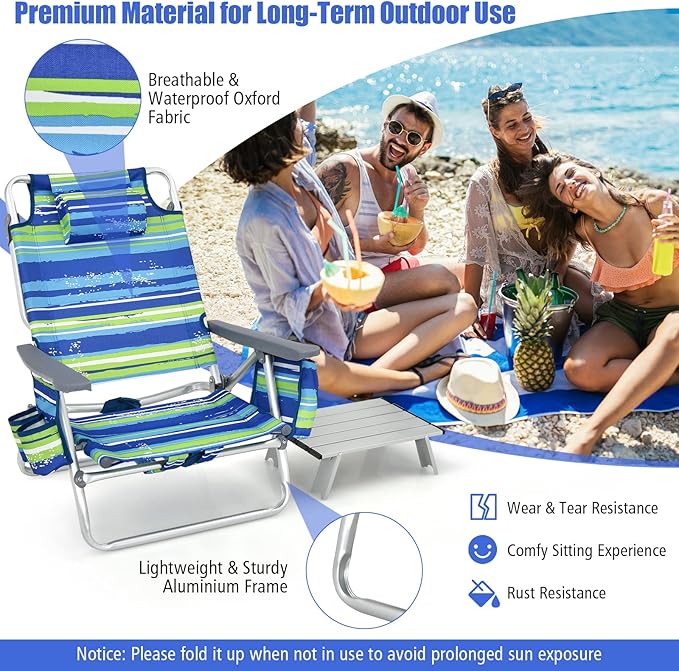 Tangkula Backpack Beach Chair with Table, 5-Position Lay Flat Beach Chairs with Cooler Bag, 2 Cup Holders, Towel Bar, Lightweight Low Folding Beach Chair with Backpack Straps