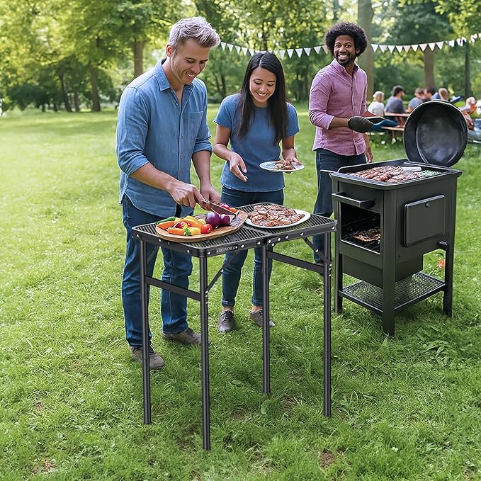 Folding Camping Table, 22" x 15" Picnic Table with 3 Adjustable Height Max 27.5", Matte Black Aluminum Folding Table with Handle for Party, Dining, Garden, Patio, Market (2-Fold Mesh Tabletop)