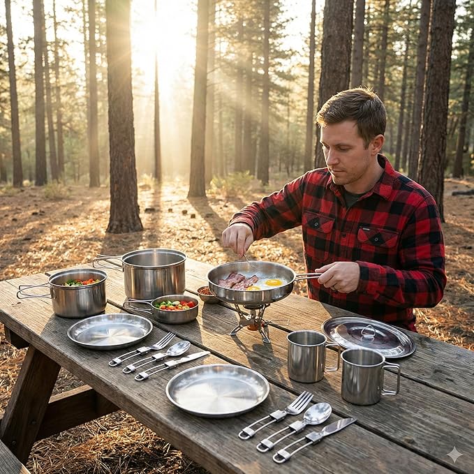 14-Piece Camping Cookware Set, 304 Stainless Steel Pots and Pans with 2 Sets of Cups, Plates, Forks, Knives, and Spoons for Camping, Backpacking, Outdoor Cooking, and Picnic
