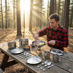 14-Piece Camping Cookware Set, 304 Stainless Steel Pots and Pans with 2 Sets of Cups, Plates, Forks, Knives, and Spoons for Camping, Backpacking, Outdoor Cooking, and Picnic