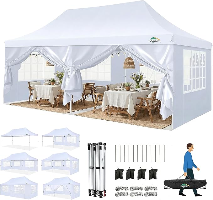 COBIZI Canopy 10x20 Pop Up Canopy Tent with Sidewalls, Waterproof Commercial Canopy Ez Outdoor Instant Gazebo UV Protection 50+ Event Shelter, Garden Tents for Parties with Sandbags, White