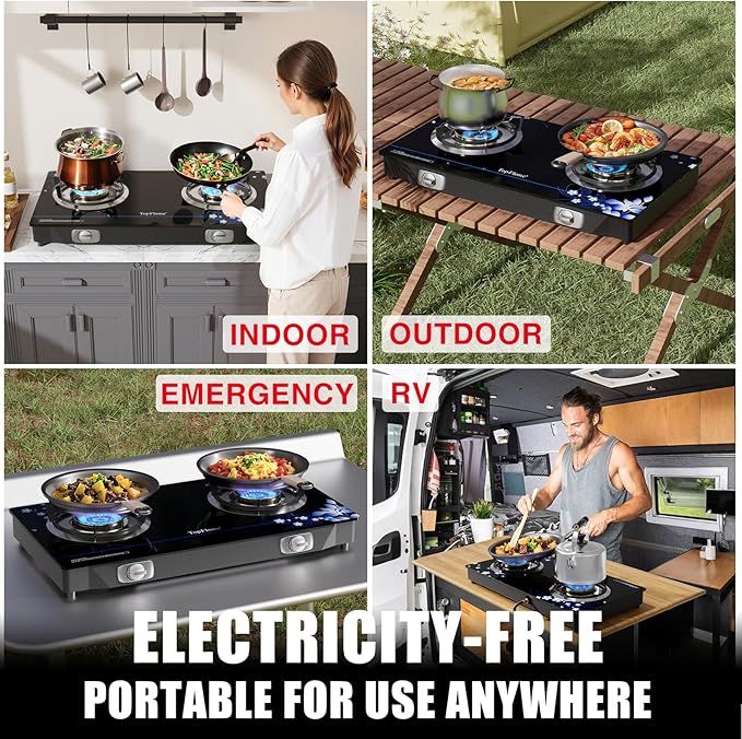 2 Burner Propane Stove 27,200 BTU High-Efficiency Tempered Glass Auto-Ignition Gas Burner Stove Top with CSA Hose for Outdoor RV Camping Emergency Cooking