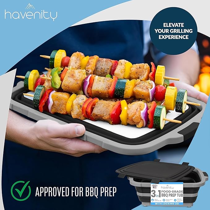 BBQ Prep Tub 8L - Multifunctional Collapsible Camping Cutting Board with Upgraded Locking lid, Meat Storage Container for Meal Prep, Dish Basin Bowl Perfect for Grilling Outdoor Cooking Large