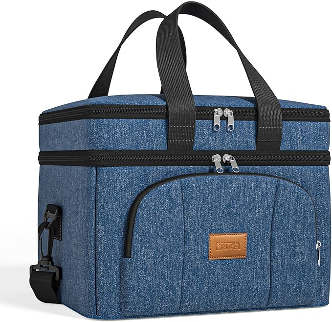 Rnivvi Lunch Box for Men, Double Decker Insulated Cooler Bag Lunch Bag Reusable Leakproof Tote Lunch Container with Strap for Work Family Picnic Hiking Camping, 18 Cans 12L, Large Adults, Blue