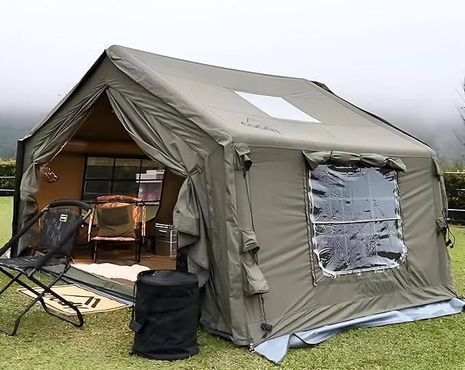 Coody Inflatable Canvas Camping Tents with Stove Jack – Premium Air Beam Family Glamping Tent, Breathable Cotton Canvas, Fast Setup Air Tent with Pump