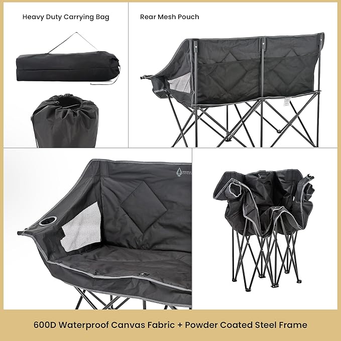 ARROWHEAD OUTDOOR Portable Folding Double Duo Camping Chair Loveseat w/ 2 Cup & Wine Glass Holder, Carrying Bag, Supports up to 500lbs