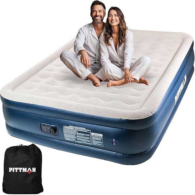 Pittman Outdoors - 20" Luxury Air Mattress Queen with Built in Pump, Premium Comfort Queen Size Blow up Mattress, 700lb Capacity - Ideal for Home Visits, Guests, Travel or Camping, Includes Carry Bag