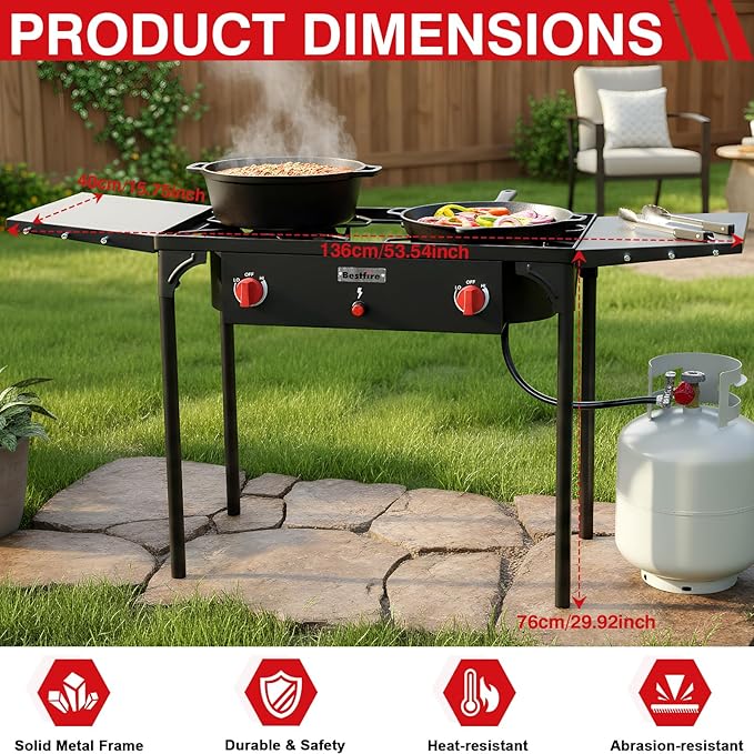Bestfire 2 burner Camping Stove with Auto Ignition Button,Side Shelves & Regulator150,000 BTU High Pressure Gas Stove Propane Burner With Removable Legs for Outdoor BBQ&Backyard Cooking Camping Home
