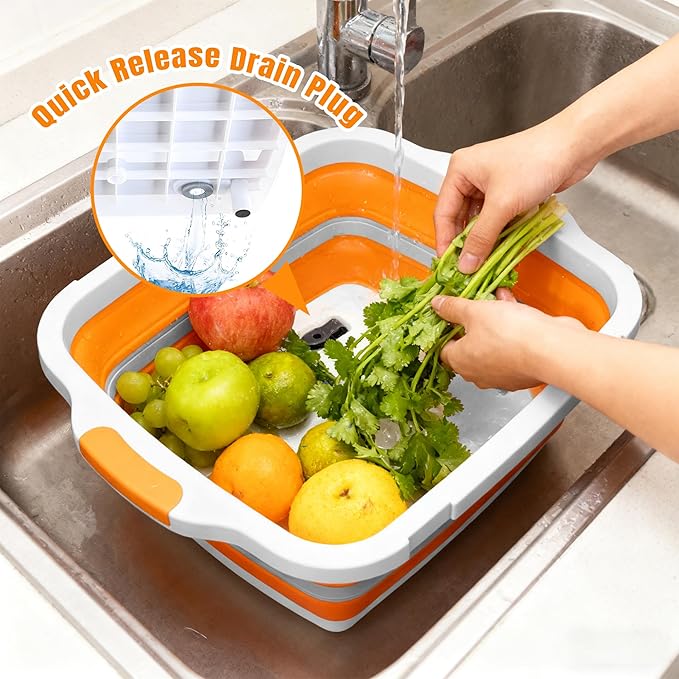 Collapsible BBQ Prep Tub with Cutting Board & Lid, Folding Food Container BPA-Free Heavy-Duty, Dishwasher Safe, Upgraded Drain Hole - for Camping, Grilling Outdoor Cooking (Orange, X-Large)