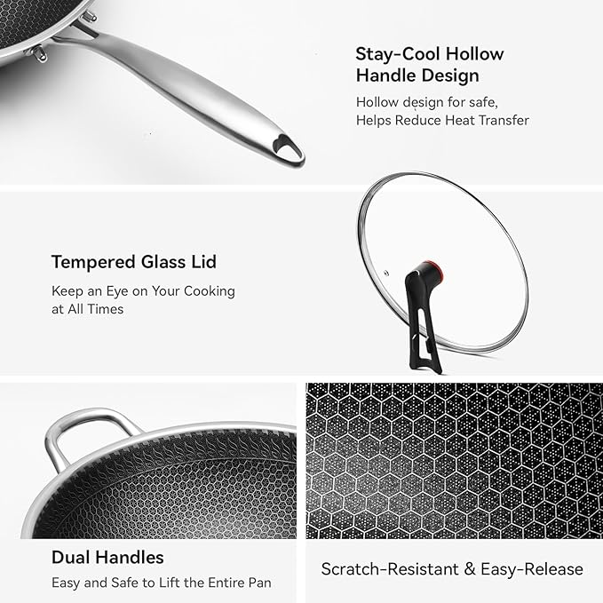 WANGYUANJI Stainless Steel Wok Pan with Lid, 12.6 Inch Honeycomb Hybrid Nonstick Stir Fry Pan, Tri-Ply Clad Skillet for Induction Electric Gas Stove, Dishwasher Safe, No Seasoning Needed (Serves 3-4)