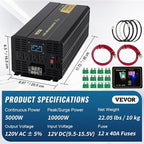 VEVOR Pure Sine Wave Inverter, 5000 Watt, Power Inverter, DC 12V to AC 120V Car Inverter, with LCD Display, USB Port and Remote Controller, Power Converter for Car RV Truck Solar System Travel Camping