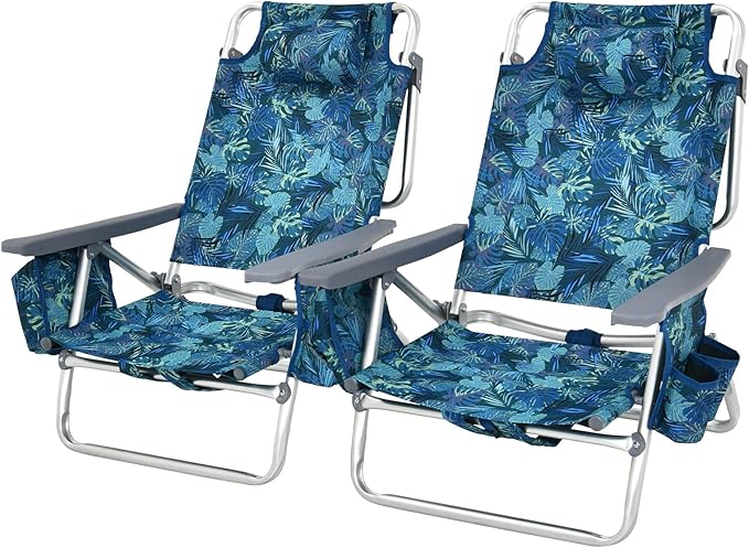 Tangkula Set of 2 Backpack Beach Chair, 5-Position Lay Flat Beach Chairs with Cooler Bag, 2 Cup Holders, Towel Bar, Lightweight Folding Beach Chair with Backpack Straps