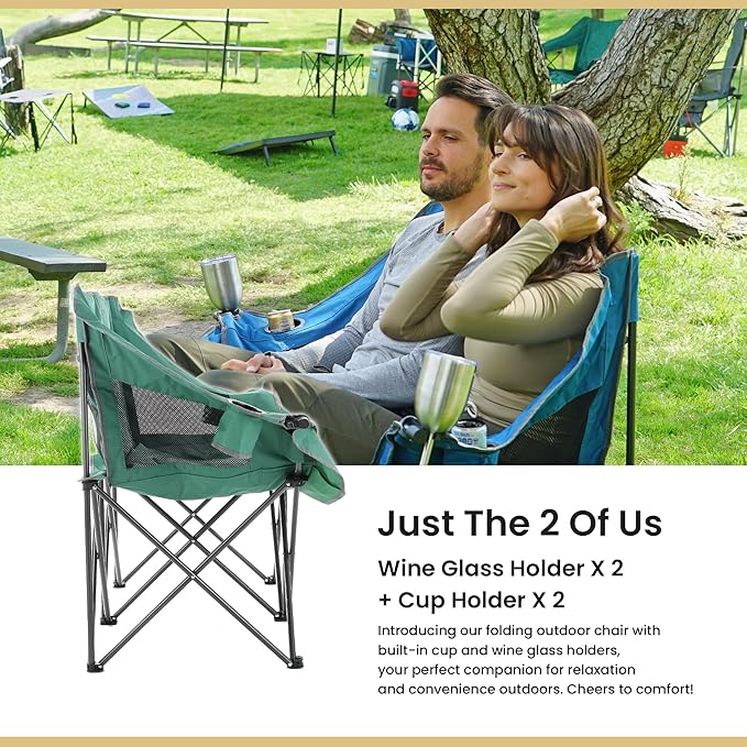 ARROWHEAD OUTDOOR Portable Folding Double Duo Camping Chair Loveseat w/ 2 Cup & Wine Glass Holder, Carrying Bag, Supports up to 500lbs