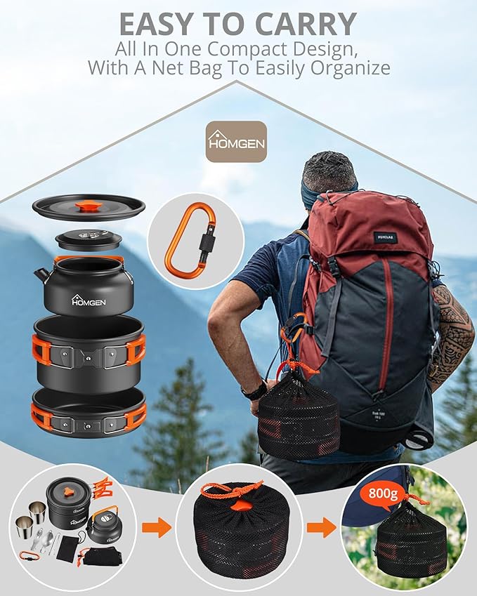 HOMGEN Portable Camping Cookware Set-Lightweight Aluminum Camp Pots and Pans Kit-Comes with Non-Stick Pots/A Frying Pan etc-Complete Camping Mess Kit for Camping/Hiking/Fishing & Other Outdoor Trip