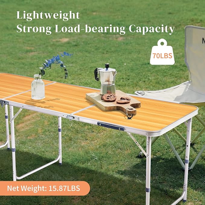 Camping Folding Table with Adjustable Height, 6ft Folding Portable Camping Table, Durable Aluminum Frame, RV Dining Tables, Grill, DJ, BBQ, Dining, Picnic, Cooking, Beach, Garden, Wood Grain Color