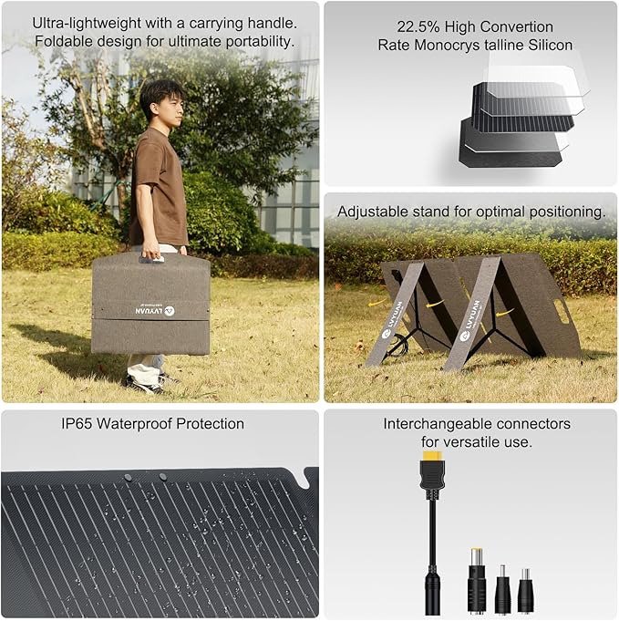 LVYUAN 100W Solar Panel 12V Foldable ETFE Conversion Rate 22.5% Monocrystalline IP65 Waterproof Compatible with XT60 DC5525 DC7909 DC35135 Fast Charging Foldable with Stand High Efficiency