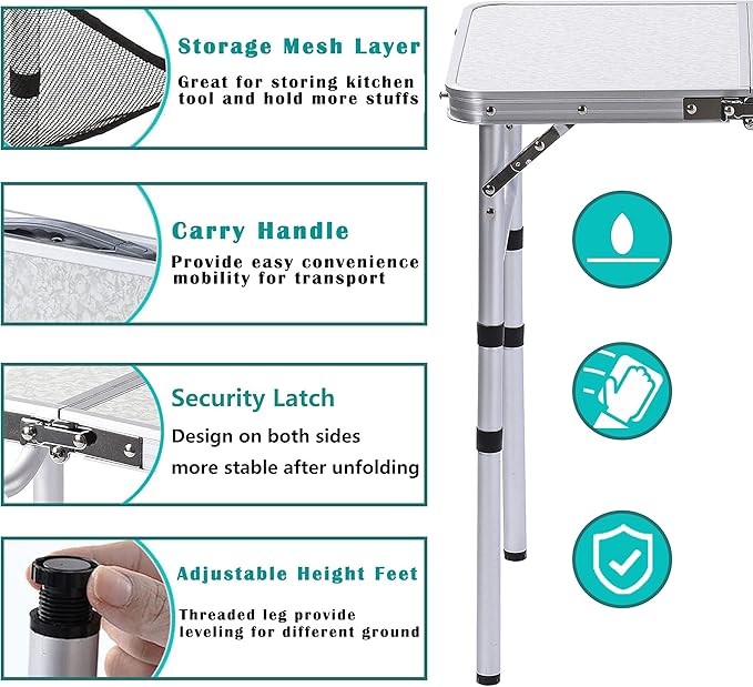Folding Camping Table with Adjustable Height, 23.6" x 15.8" Portable Lightweight Tables with Aluminum Legs for Outdoor Camp, Picnic, Beach, Backyard, Tailgate Cooking, 3 Heights